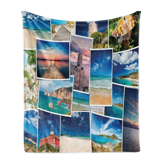 Collage Soft Flannel Fleece Throw Blanket, Seaside and Nature Traveling Photos Sunny Sand Beaches and Close up Butterfly, Cozy Plush for Indoor and Outdoor Use, 60" x 80", Multicolor, by Ambesonne