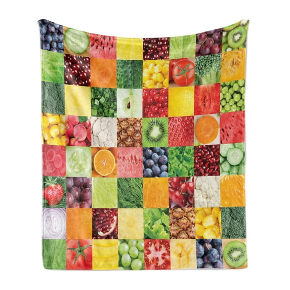 Collage Soft Flannel Fleece Throw Blanket, Square Composition of Healthy Cucumber Watermelon Broccoli Carrot Vegetables, Cozy Plush for Indoor and Outdoor Use, 50" x 60", Multicolor, by Ambesonne