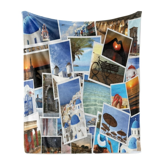 Collage Soft Flannel Fleece Throw Blanket, Summer Vacation Seaside Photo Clutter Island Holiday Travel Adventure Memories, Cozy Plush for Indoor and Outdoor Use, 50" x 60", Multicolor, by Ambesonne