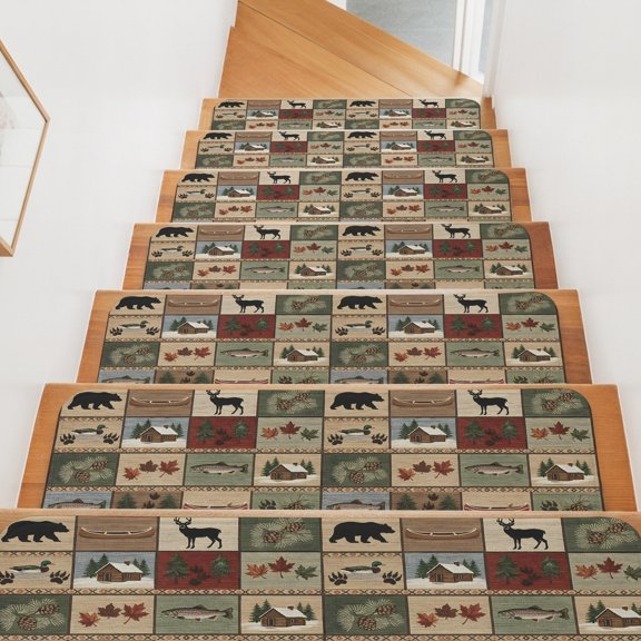 Collage Stair Treads Non Slip for Steps Forest Bear Deer Silhouette Rustic Cottagecore Nature Plant 4 Pcs Reusable Adhesive Stair Runner Mats for Dogs Elders Carpet Treads Rugs for Staircase 8x30 In