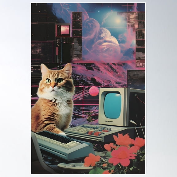 Collage Style Cat And Retro Computer Poster Wall Art, Modern Wall Decor For Living Room Bedroom, 16x24 UNFRAMED