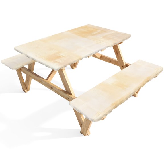 Collage Theme Picnic Table Cover with Bench Covers Retro Beige Oil Painting Texture Waterproof Fitted Picnic Tablecloth 3 Pieces Set Table Cloth for Outdoor Camping Garden BBQ