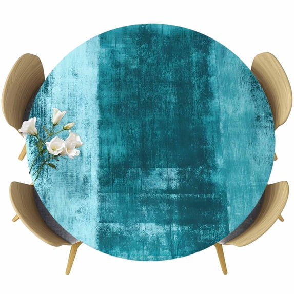 Collage Theme Round Fitted Table Cover Retro Blue Oil Painting Texture Waterproof Table Cloth with Elastic Edge Wipeable Tablecloth for Picnic Camping Party Fits 45"-54" Diameter