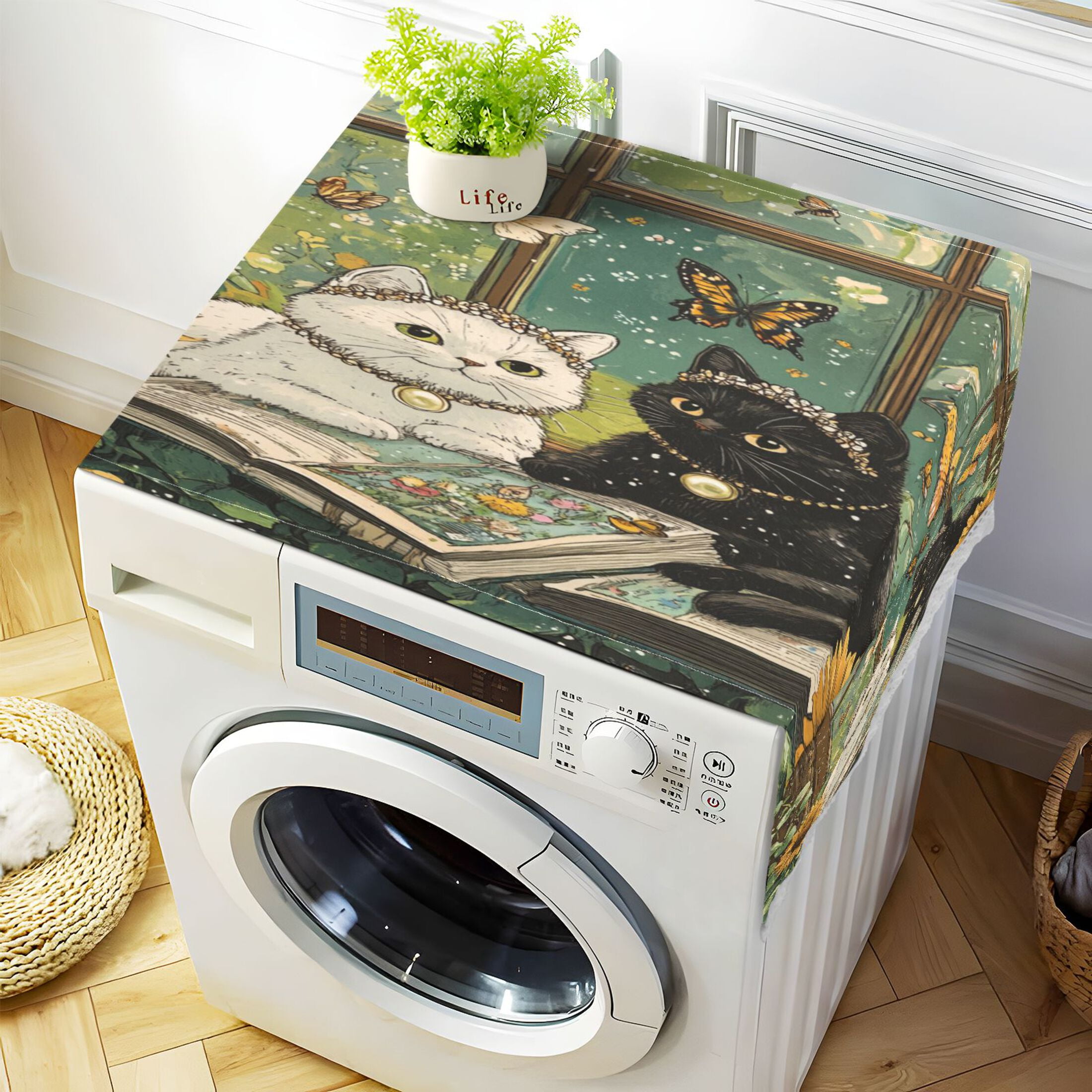 A Collage Of Two CatsWasher and Dryer Covers Dust-Proof and Oil Resistant Fridge Cover with 4 Storage Pockets Washing Machine Top Cover for Laundry Kitchen Home 51.2 x 22 In