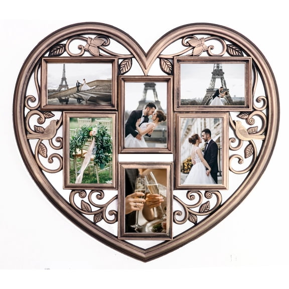 Collage Wall Picture Frame Holds 6 Images Wall Hanging Photos Heart Frame, Gold