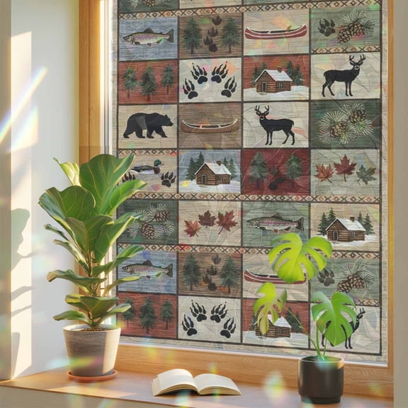Collage Window Privacy Film, Forest Bear Deer Silhouette Rustic Cottagecore Nature Plant Stained Glass Rainbow Film Decorative Window Clings, Static Cling Sun Blocking Stickers 17.7" x 78.7"