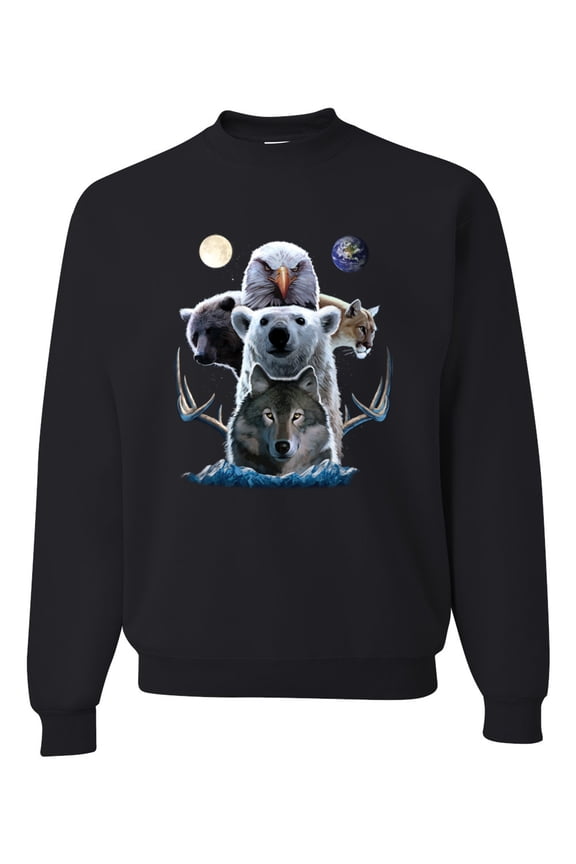 Collage of Popular Wild Life Animals | Mens Animal Lover Crewneck Graphic Sweatshirt, Black, Small