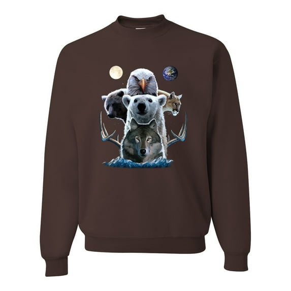 Collage of Popular Wild Life Animals | Mens Animal Lover Crewneck Graphic Sweatshirt, Brown, Small