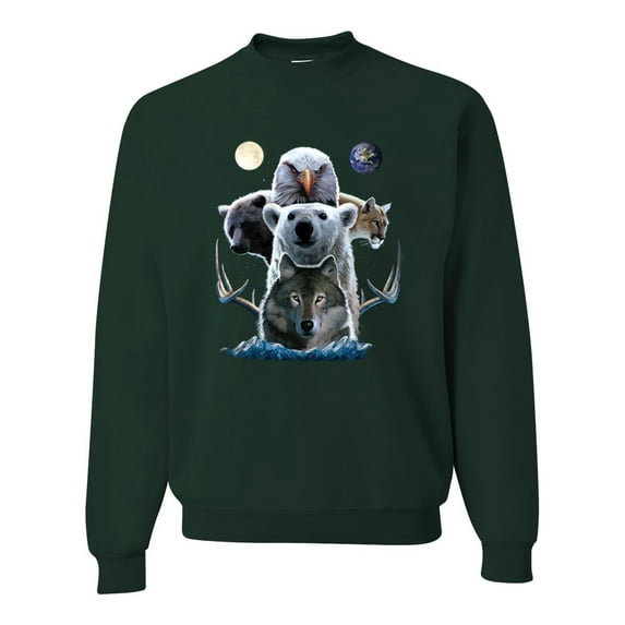 Collage of Popular Wild Life Animals | Mens Animal Lover Crewneck Graphic Sweatshirt, Forest Green, X-Large