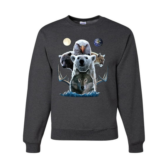Collage of Popular Wild Life Animals | Mens Animal Lover Crewneck Graphic Sweatshirt, Heather Black, Large