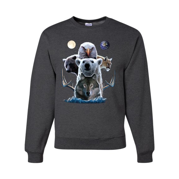 Collage of Popular Wild Life Animals | Mens Animal Lover Crewneck Graphic Sweatshirt, Heather Black, Large