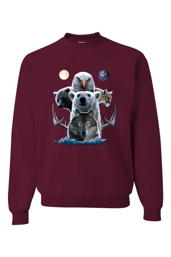 Collage of Popular Wild Life Animals | Mens Animal Lover Crewneck Graphic Sweatshirt, Maroon, 3XL