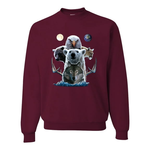 Collage of Popular Wild Life Animals | Mens Animal Lover Crewneck Graphic Sweatshirt, Maroon, 3XL