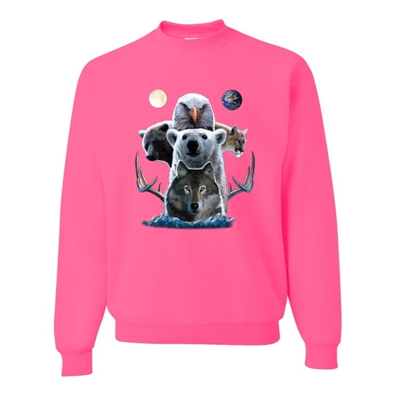 Collage of Popular Wild Life Animals | Mens Animal Lover Crewneck Graphic Sweatshirt, Neon Pink, 3XL