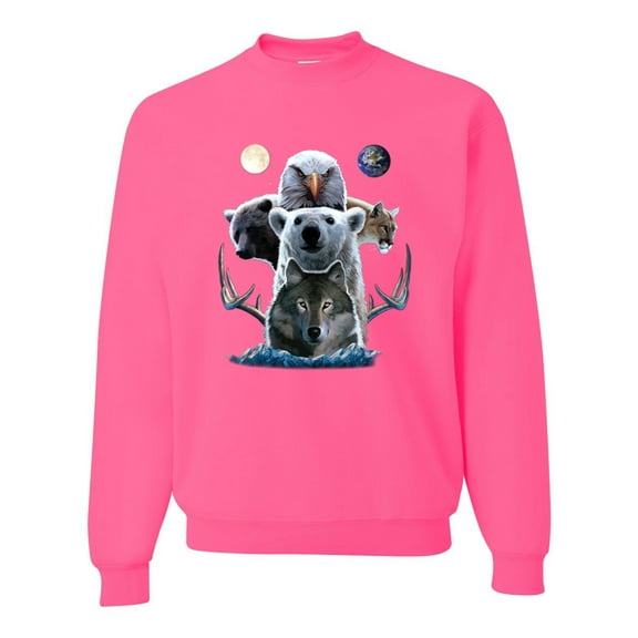 Collage of Popular Wild Life Animals | Mens Animal Lover Crewneck Graphic Sweatshirt, Neon Pink, X-Large