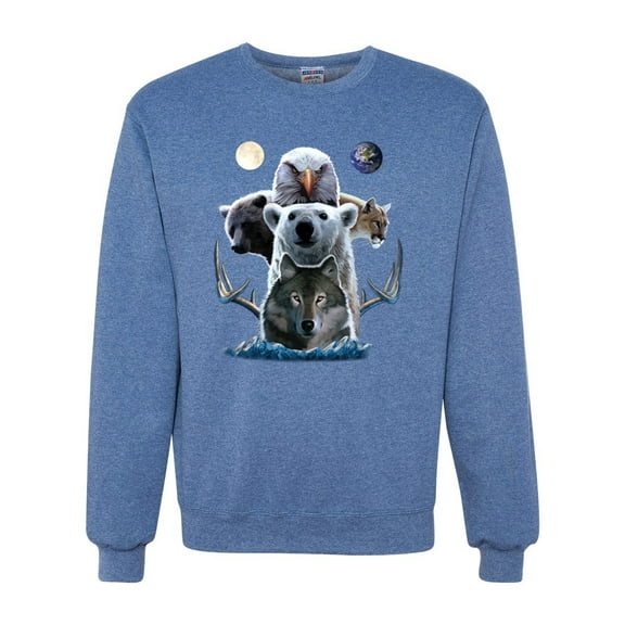 Collage of Popular Wild Life Animals | Mens Animal Lover Crewneck Graphic Sweatshirt, Vintage Heather Blue, X-Large