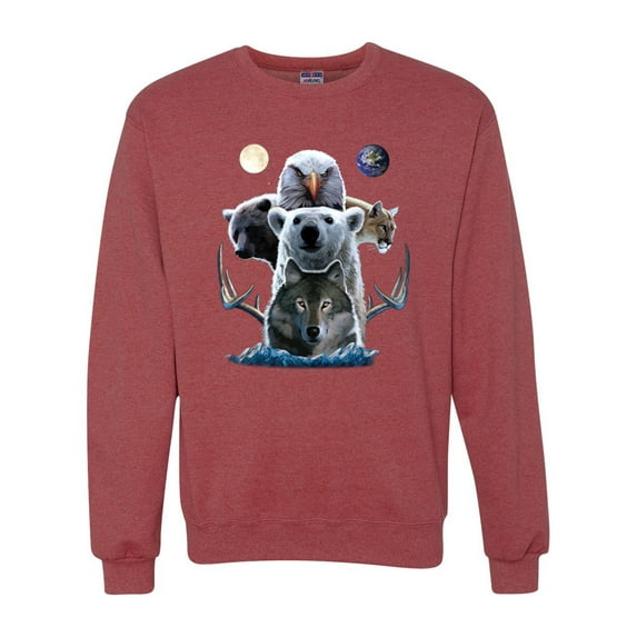 Collage of Popular Wild Life Animals | Mens Animal Lover Crewneck Graphic Sweatshirt, Vintage Heather Red, Small