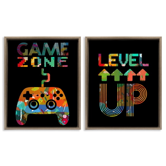 Stupell Industries Collaged Retro Gamer Phrases 2 Piece Brown Framed Floater Canvas Set, design by Marcus Prime