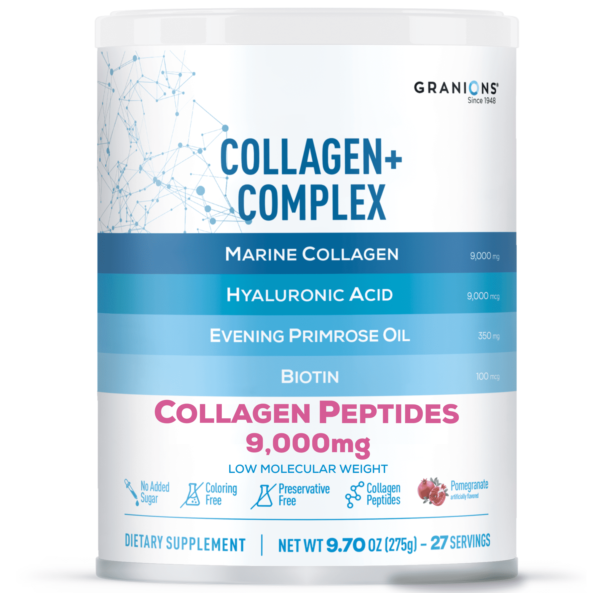 Granions Marine Collagen Peptides Powder Pomegranate, Hyaluronic Acid + Biotin + Vit C, 275g