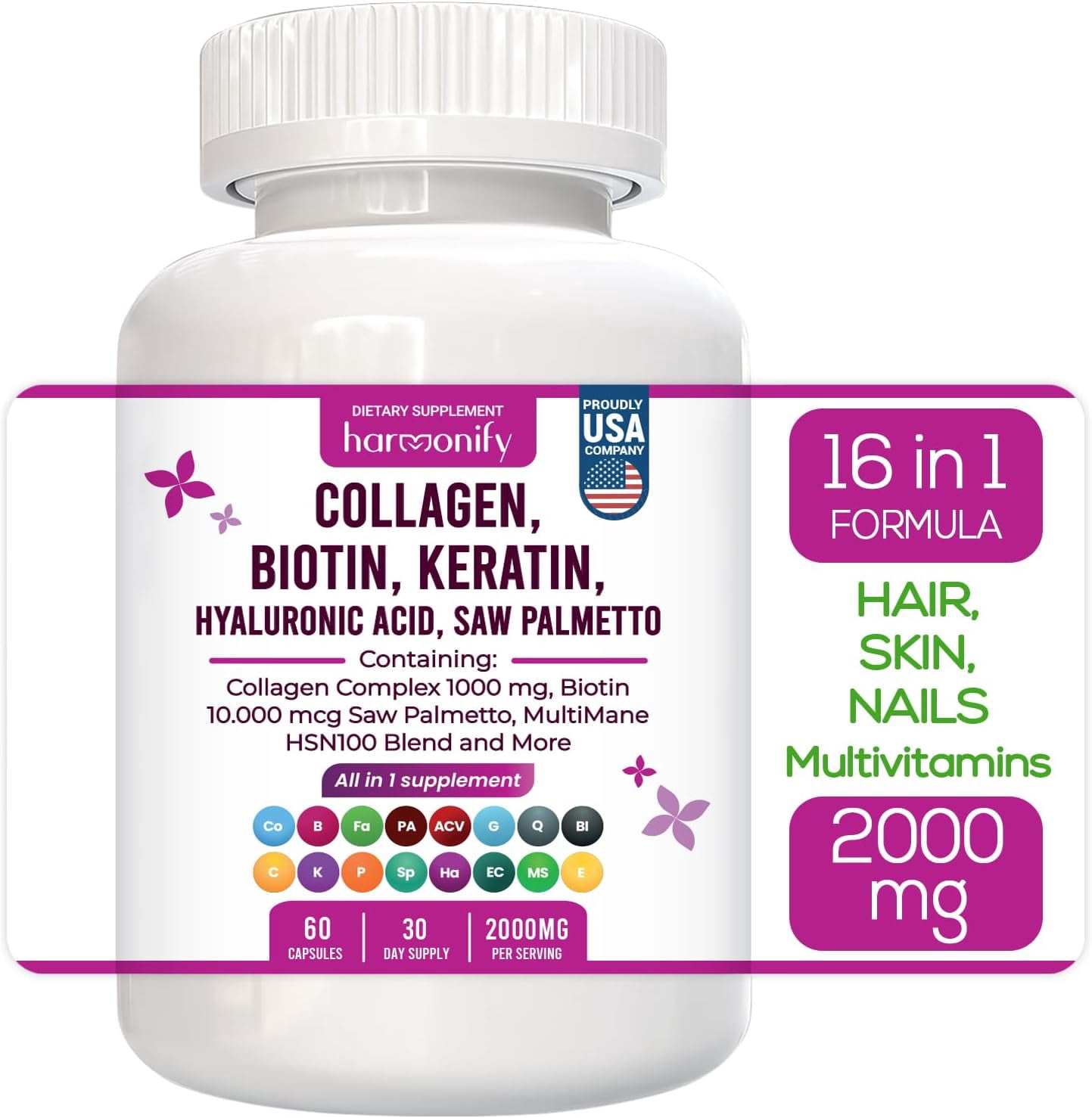 Collagen Biotin Keratin Saw Palmetto Hyaluronic Acid Complex Supplement with Vitamin E, Folic Acid, Pumpkin Seed and MSM, Hair Skin & Nails Multivitamins, 16 in 1 Capsules, 1000 mg