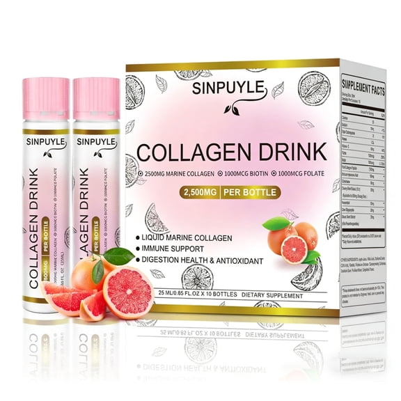 Collagen Drink 2500mg - Marine Collagen Peptides, Pink Grapefruit Flavor, Supports Skin, Hair, Nails & Immune Health, Non-GMO, Dietary Supplement