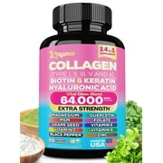 Collagen For Women Men Capsules Peptides Type I II III V X 64,000 MCG Biotin Keratin Hyaluronic Acid MSM Vitamin A Vitamin C Vitamin E Folic Acid Zinc Magnesium with Grape Seed Extract, Quercetin