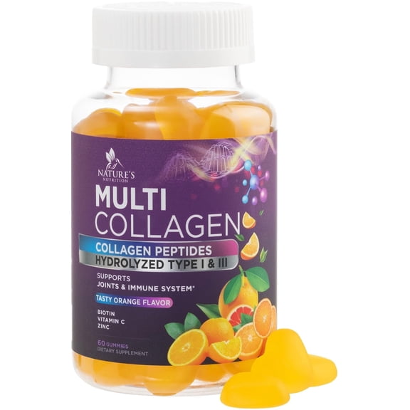 Collagen Gummies with Biotin - 2500mcg Hair Growth, Skin & Nails Supplement - Hydrolyzed Peptides Type I & III Multi Collagen - Vitamin C & Zinc for Immune Support - Tasty Orange Flavor - 60 Gummies