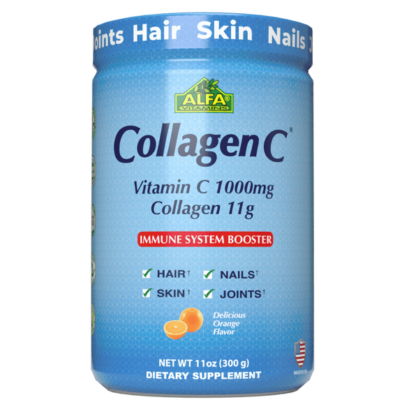 Collagen Hydrolysate Peptides Powder Supplement by ALFA VITAMINS -  Nutrients, Minerals, Antioxidants - Skin, Hair, Nails & Joints Support - Orange Flavor -11 OZ