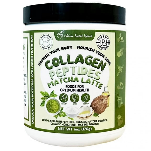 Collagen Matcha Latte Powder (6oz/170), Pure Clean Energy with MCT Oil, by Cherie Sweet Heart