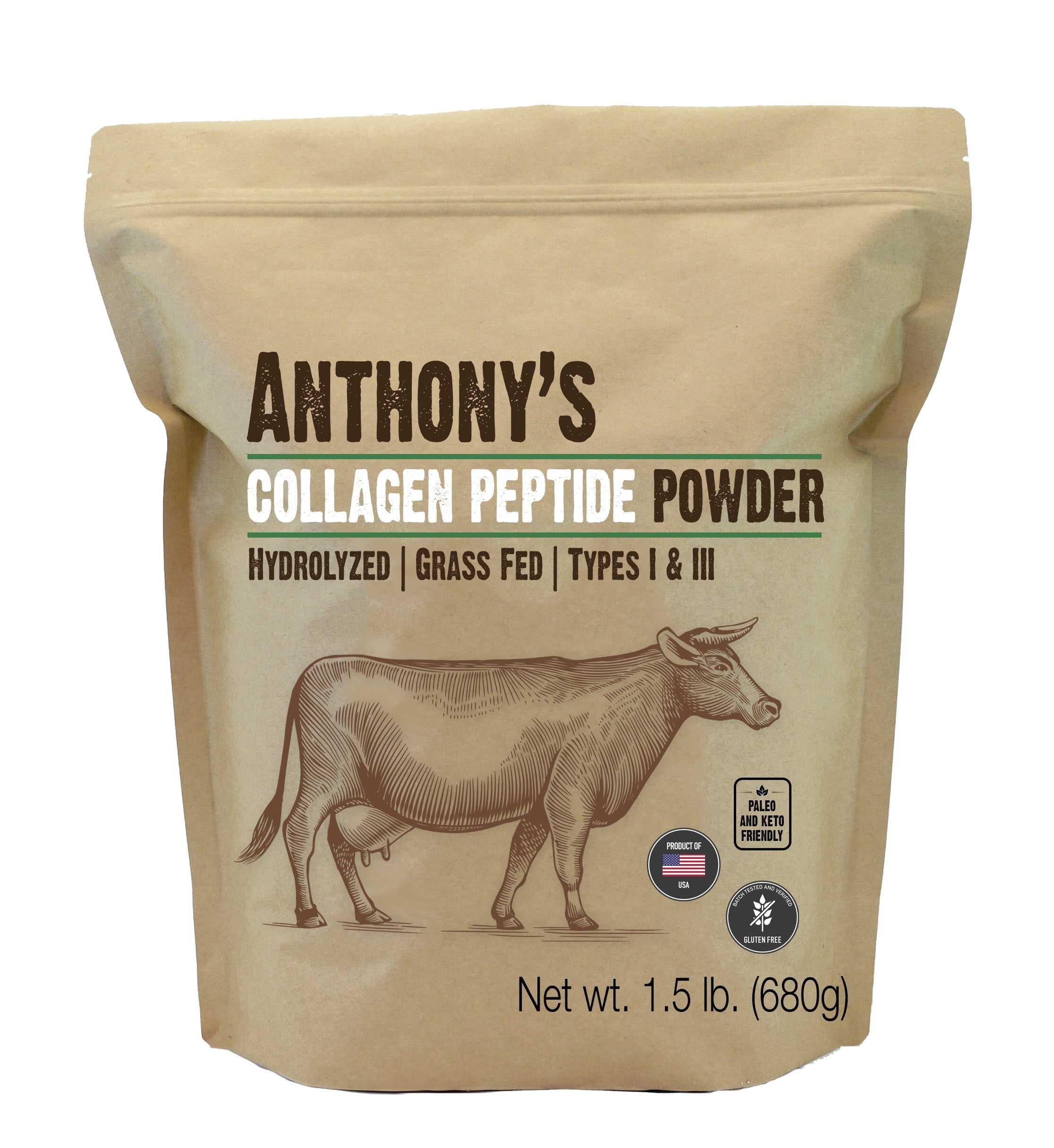 Anthony's Collagen Peptide Powder, 1.5 lb, Pure Hydrolyzed, Gluten Free, Keto and Paleo Friendly, Grass Fed, Unflavored, Non GMO