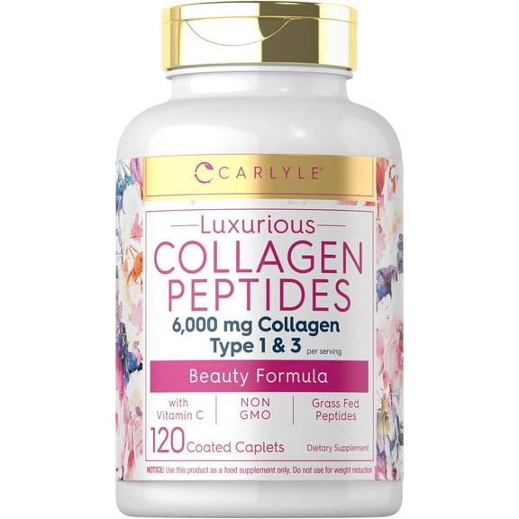 Collagen Peptides 6000 mg | 120 Caplets | Type 1 and 3 | by Carlyle