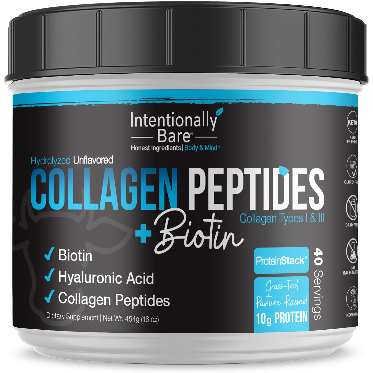 Collagen Peptides – Biotin, Hyaluronic Acid, Vitamin C, Zinc - 10g Protein, Zero Carbs - Grass-Fed, Pasture Raised, Dairy Free – Unflavored - 40 Servings
