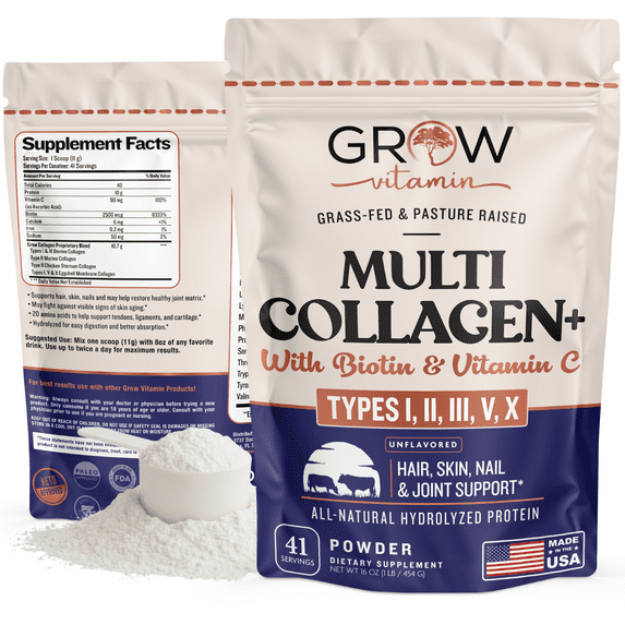 Grow Vitamin Multi Collagen+ Powder with Biotin & Vitamin C – Types I, II, III, V, X | Hair, Skin, Nail & Joint Support | Grass-Fed, Unflavored, 41 Servings
