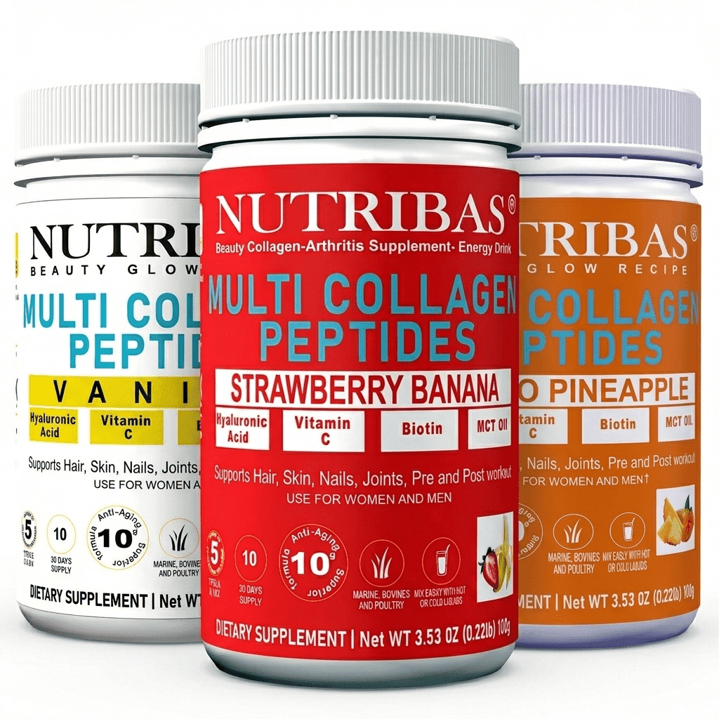 Nutribas Protein Multi Collagen Peptides Powder Whole Body Support Formula With MCT, Vitamin C, Biotin & Hyaluronic Acid , Vanilla Strawberry Mango, 11 oz