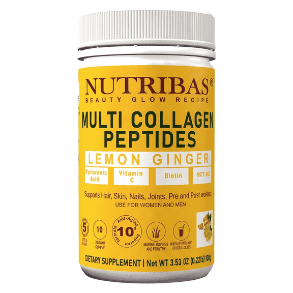 NUTRIBAS Collagen Peptides Powder with Vitamin C HA, Protein Powder Lemon Ginger, Gluten & Dairy Free, 4oz