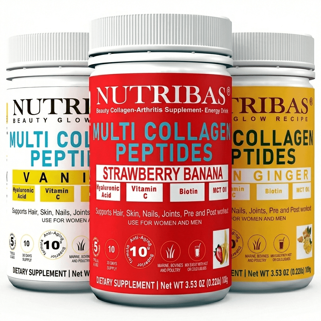 Nutribas Proteins Multi Collagen Peptides Powder Supplement for Whole Body Support, with Vitamin C & MCT Oil, Trio Pack, 9 oz