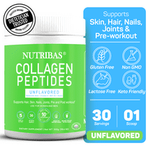 Collagen Peptides Powder Unflavored Pro Hair Skin Nails Joints Blends + Vitamins by NUTRIBAS - 30 Servings