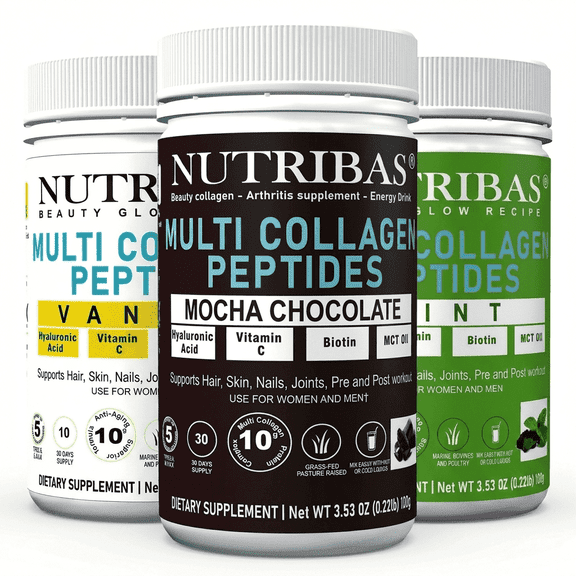 NUTRIBAS Multi Collagen Peptides Powder, Vanilla, Chocolate, Mint, 30 Servings
