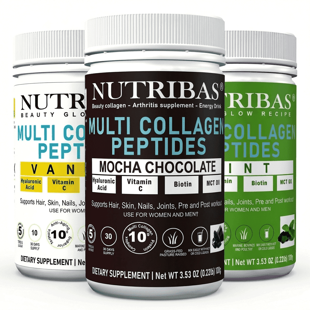 Nutribas Protein Multi Collagen Peptides Powder Whole Body Support Formula With MCT, Vitamin C, Biotin & Hyaluronic Acid , Vanilla Chocolate Mint, 11 oz