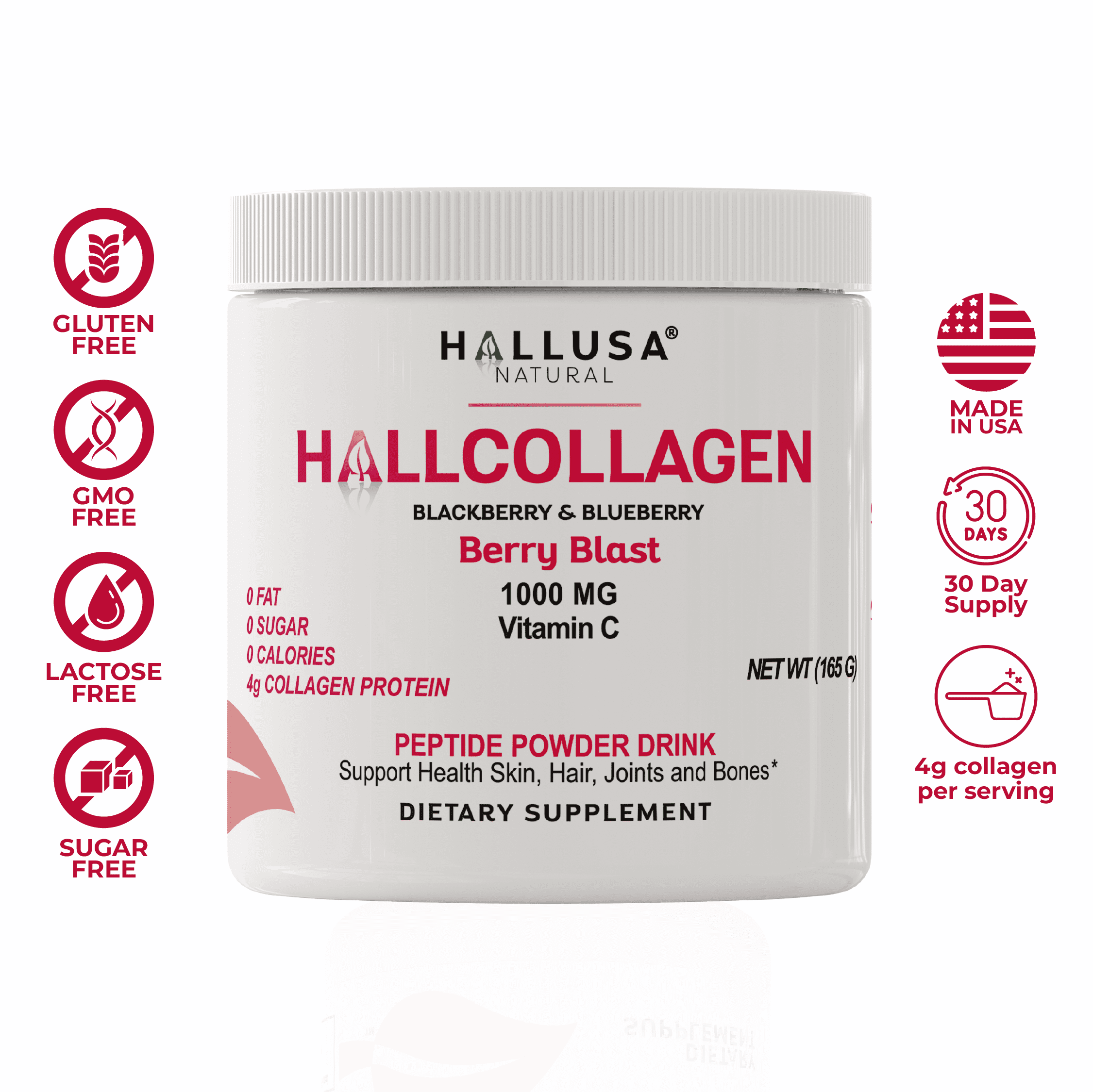 HALLUSA NATURAL Hydrolyzed Collagen Powder with Vitamin C for Skin Hair Joints Bones 30 Servings