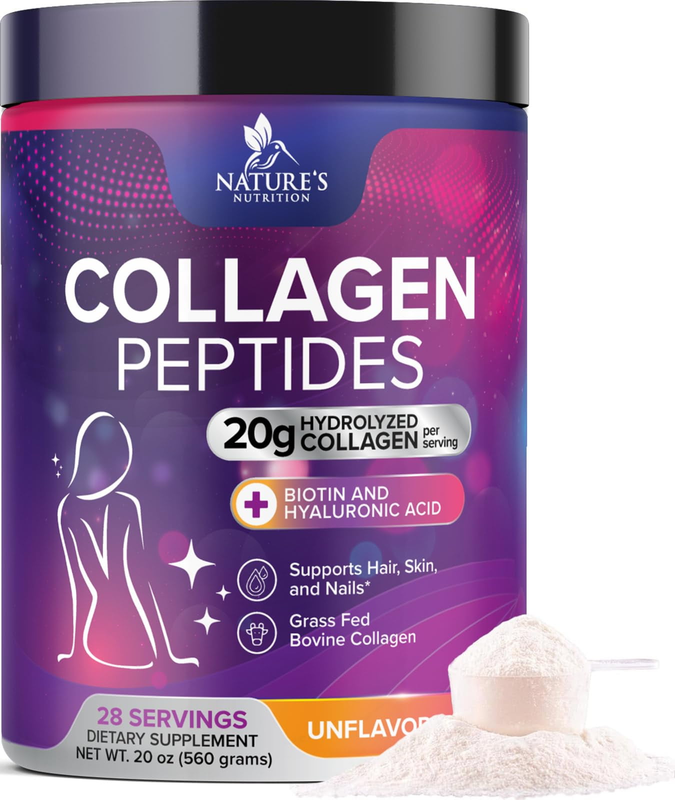 Collagen Peptides Powder - Hydrolyzed Type 1 & 3 Collagen Peptides 20g per Serving with Hyaluronic Acid & Biotin - Vital Nail, Skin & Joint Support - No Sugar, Unflavored, Bottled in USA, 28 Servings