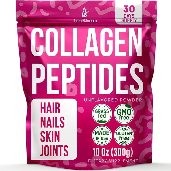 InstaSkincare Collagen Peptides Powder for Hair Skin Nails Joints & Muscles Support, Types I & III, 10 oz