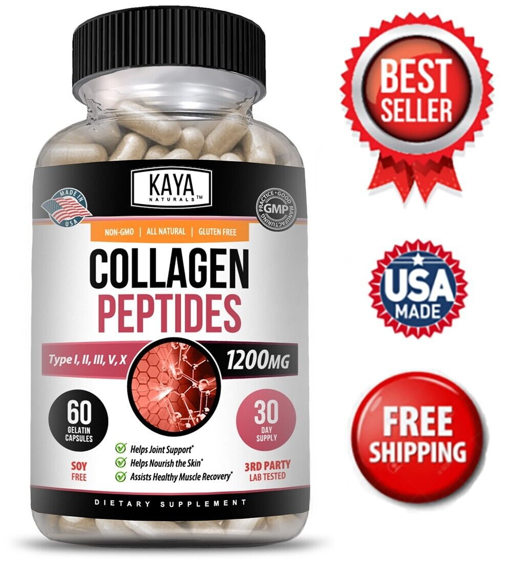 Collagen Peptides Types I, II, III, V, X, 1200mg Pills Anti-Aging Skin Capsules