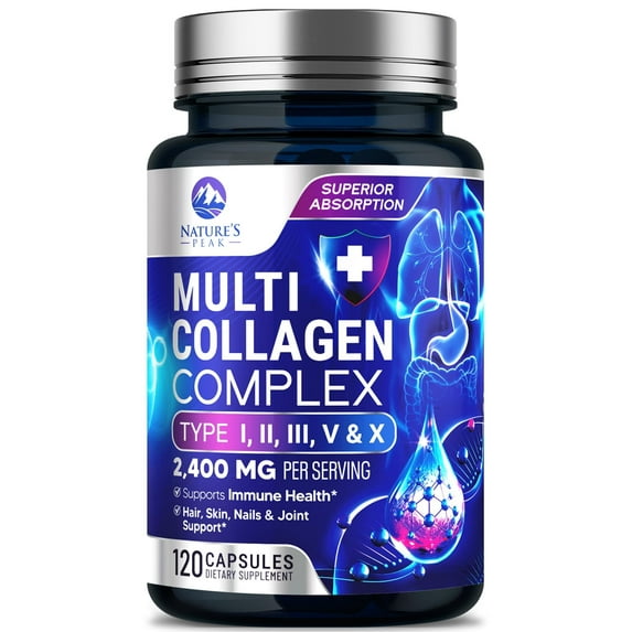 Multi Collagen Peptides Supplement for Hair, Nail, Skin - Type I, II, III, V, X, Collagen Powder Pills - Grass-Fed, Hydrolyzed for Bone and Joint Support for Women & Men, Non-GMO - 120 Capsules