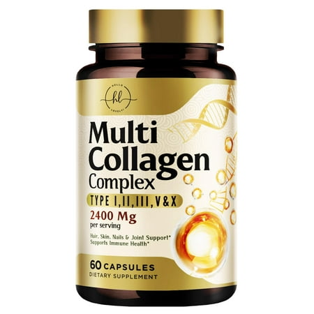 Multi Collagen Supplement 2400mg - Best Hydrolyzed Collagen Complex for Women & Men - with Peptide Type I, II, III, V, X - Hair, Skin, Nail, Bone & Joint Support for Beauty & Wellness - 60 Capsules