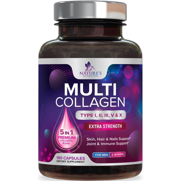 Multi Collagen Pills 2400 mg - Advanced Types I, II, III, V, X - Hydrolyzed Multi Collagen Peptides Pills, Collagen Supplements for Women & Men - Hair, Skin, & Nail Support Supplement - 180 Capsules