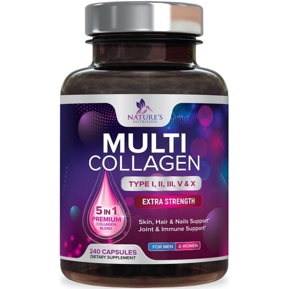 Multi Collagen Pills 2400 mg - Advanced Types I, II, III, V, X - Hydrolyzed Multi Collagen Peptides Pills, Collagen Supplements for Women & Men - Hair, Skin, & Nail Support Supplement - 240 Capsules