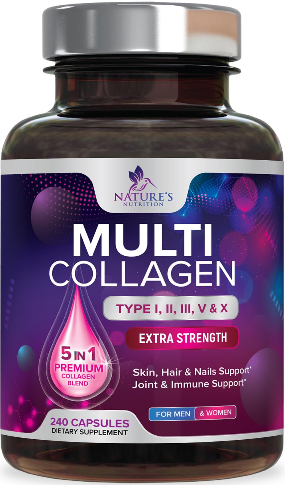 Multi Collagen Supplement for Women & Men - Type I, II, III, V, X Multi Collagen Pills, Hydrolyzed Collagen Peptides Supplements, Nature's Hair, Skin, Nail, and Joint Support Supplement, 240 Capsules
