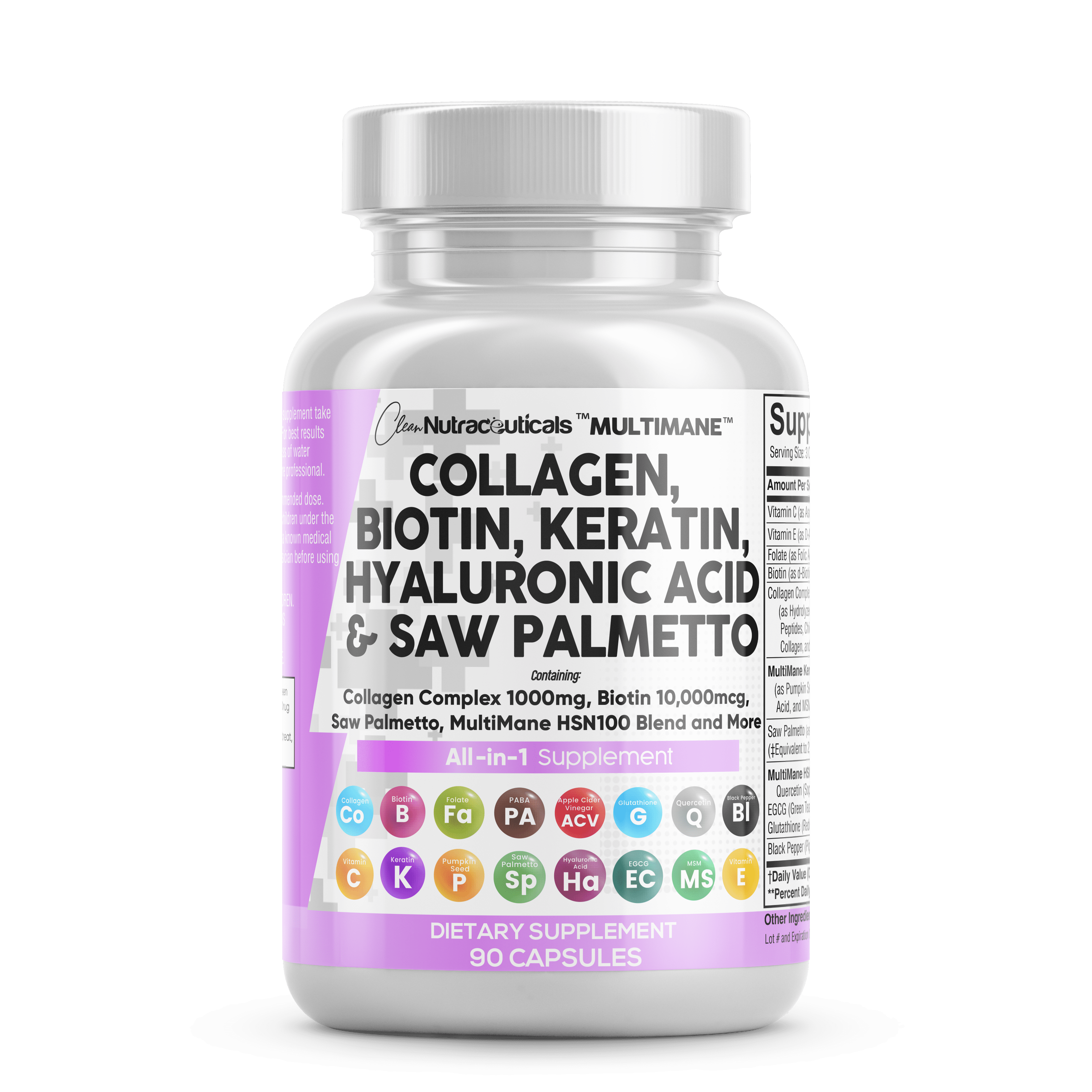 Clean Nutraceuticals Collagen Pills 1000mg Biotin 10000mcg Keratin Saw Palmetto Hyaluronic Acid - Hair Skin & Nails Vitamins & DHT Blocker with Vitamin E Folic Acid Pumpkin Seed MSM - 90 Count