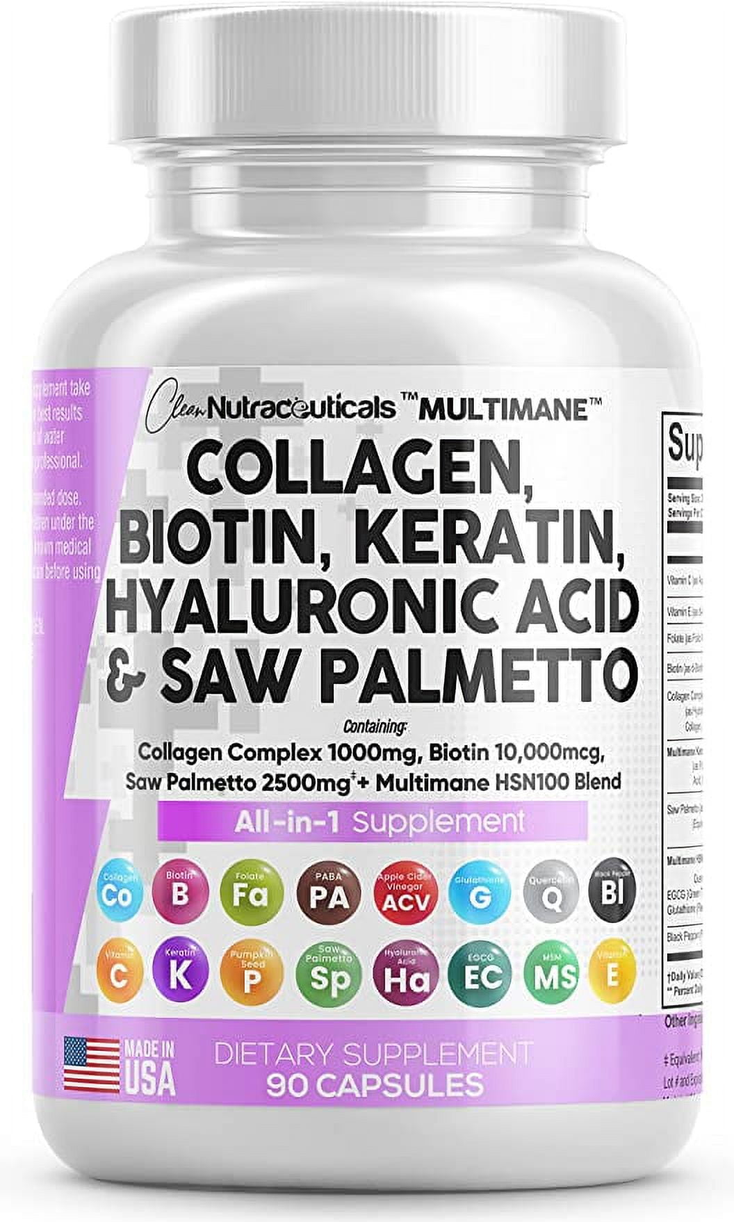 Collagen Pills 1000mg Biotin 10000mcg Keratin Saw Palmetto 2500mg